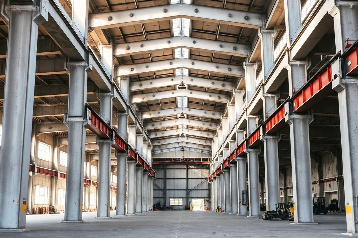 Interior amplo de armazém pré-moldado com vigas e pilares de concreto