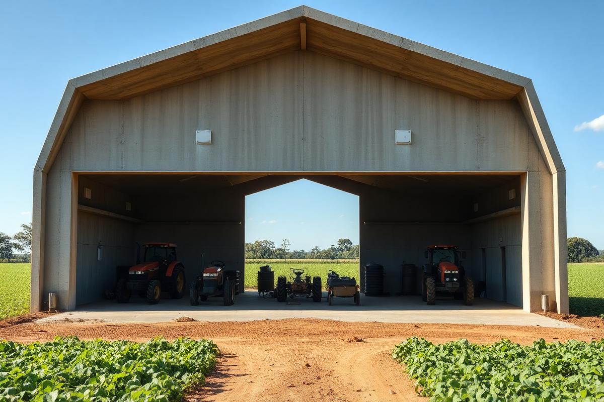 Barracão rural pré-moldado abrigando tratores e implementos agrícolas