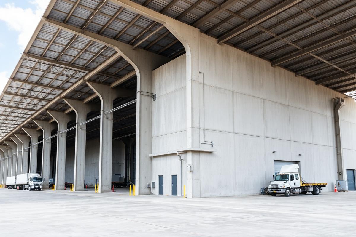 Galpão industrial pré-moldado com pilares de concreto e área de carga