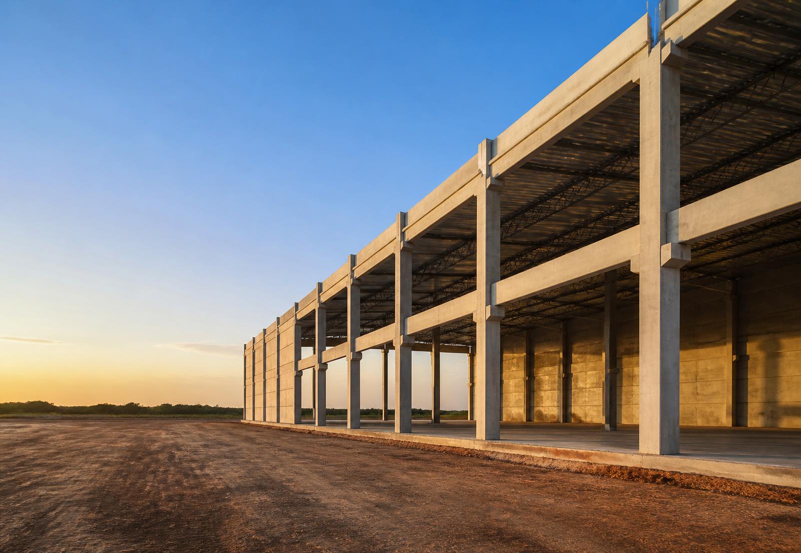 Estrutura pré-moldada de galpão com pilares e vigas de concreto executada pela ASF